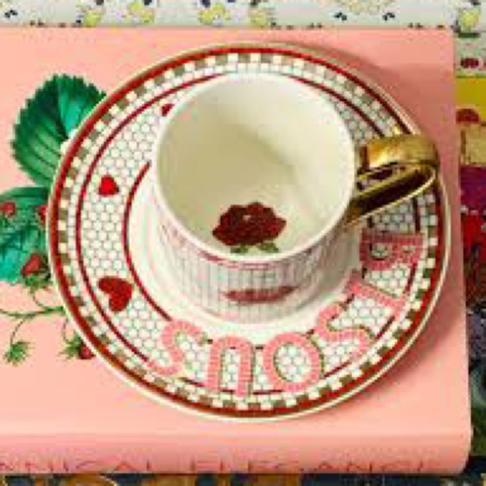 NWT Anthropologie Bistro Tile Espresso Cup and Saucer Set with gold details - Picture 2 of 7